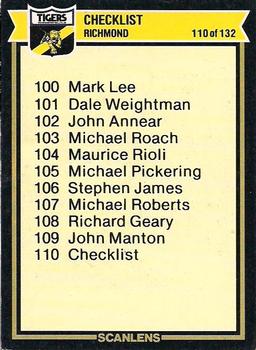 1987 Scanlens VFL #110 Richmond Tigers Front